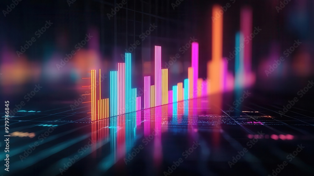 Abstract visualization of rising stock market trends, neon lines and glowing graphs Abstract visualization of rising stock market trends, neon lines and glowing graphs