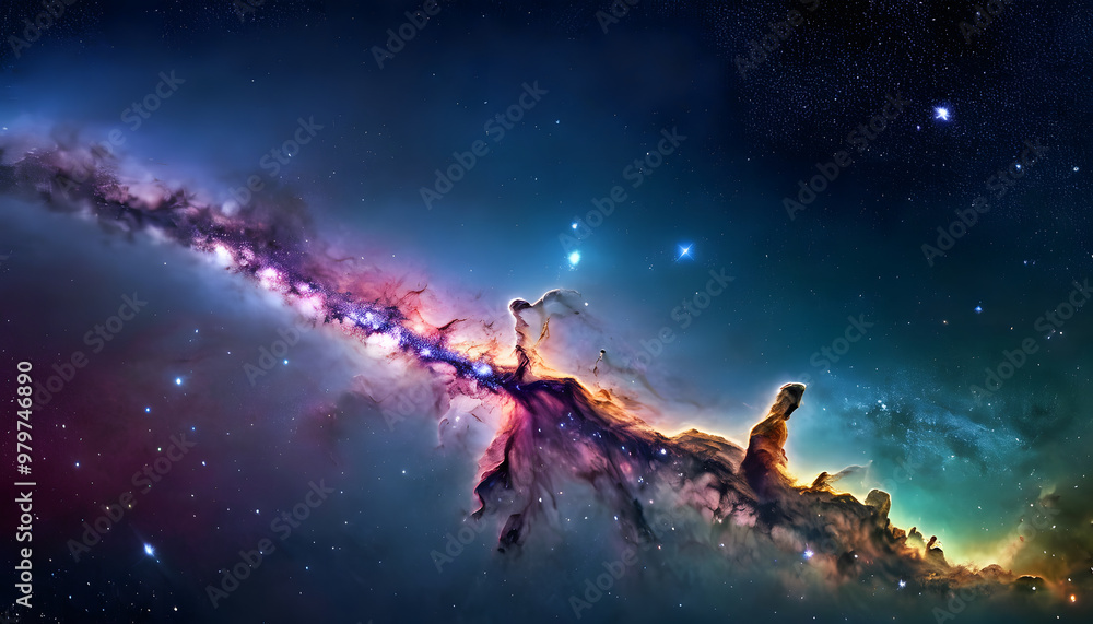 Fototapeta premium A stunning view of a colorful nebula in space, showcasing vibrant hues of blue, purple, and orange. The nebula features intricate structures and bright stars scattered throughout.