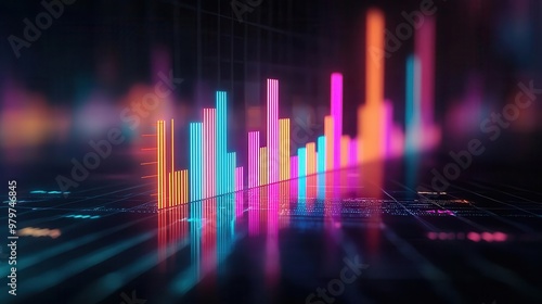 Abstract visualization of rising stock market trends, neon lines and glowing graphs