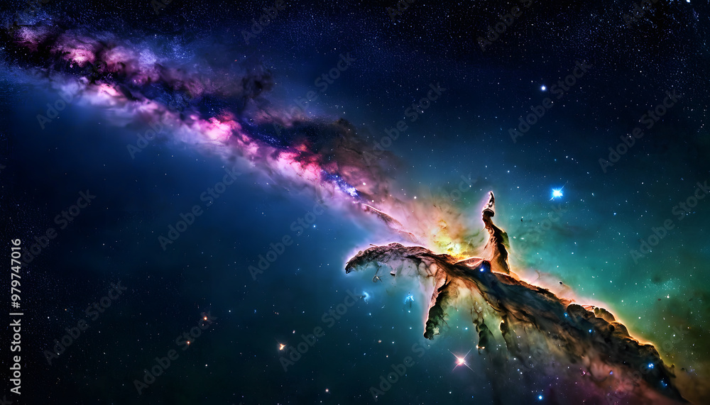 Naklejka premium A stunning view of a colorful galaxy with vibrant hues of pink, purple, and blue. The galaxy features swirling clouds of gas and dust, with bright stars scattered throughout the scene.