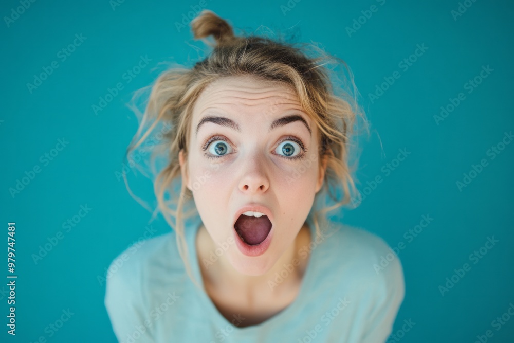 Surprised Young Woman on Turquoise Background Surprised Young Woman on Turquoise Background