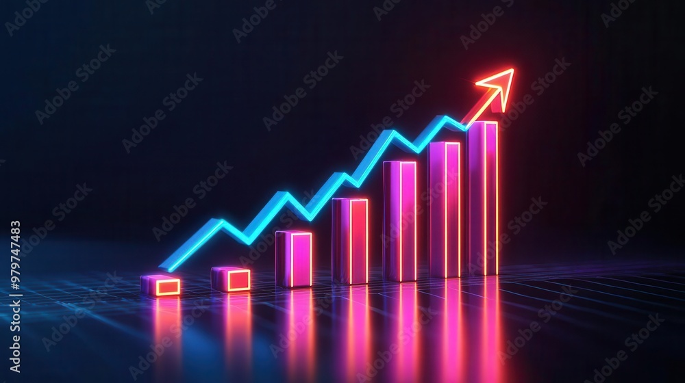 Rising line chart with arrows and glowing data, futuristic market trend visualization Rising line chart with arrows and glowing data, futuristic market trend visualization