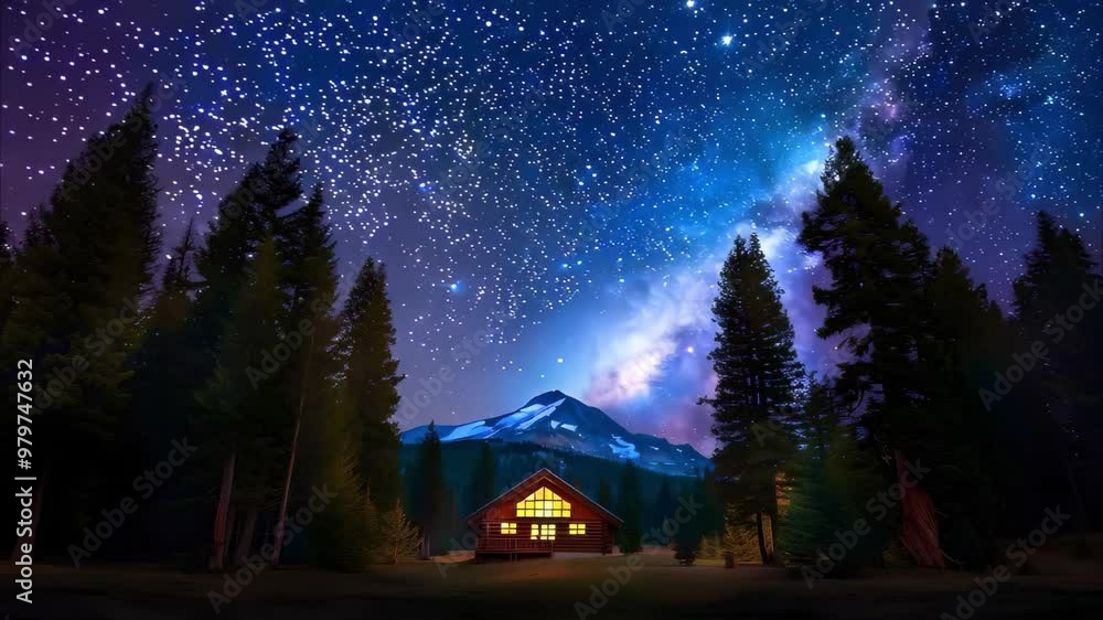 A cabin surrounded by trees under a starry sky with the Milky Way visible and a mountain in the background. A cabin surrounded by trees under a starry sky with the Milky Way visible and a mountain in the background.