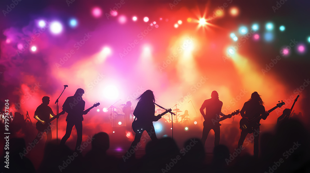 Silhouette of a rock band and a chorus performing energetically on a grand festival stage, enhanced by dynamic strobe lights and dramatic smoke effects. Strobe Effect. Illustration Silhouette of a rock band and a chorus performing energetically on a grand festival stage, enhanced by dynamic strobe lights and dramatic smoke effects. Strobe Effect. Illustration