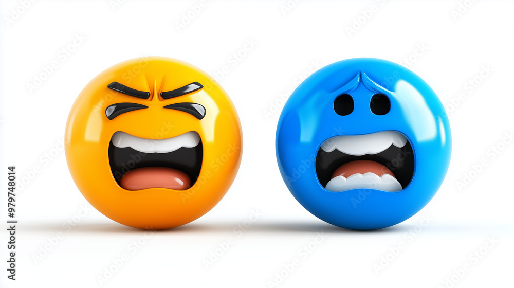 Fototapeta premium 3d stickers in the form of smiley faces with opposite emotions, one happy, the other sad, matte surface, high detail, round shapes, various colors