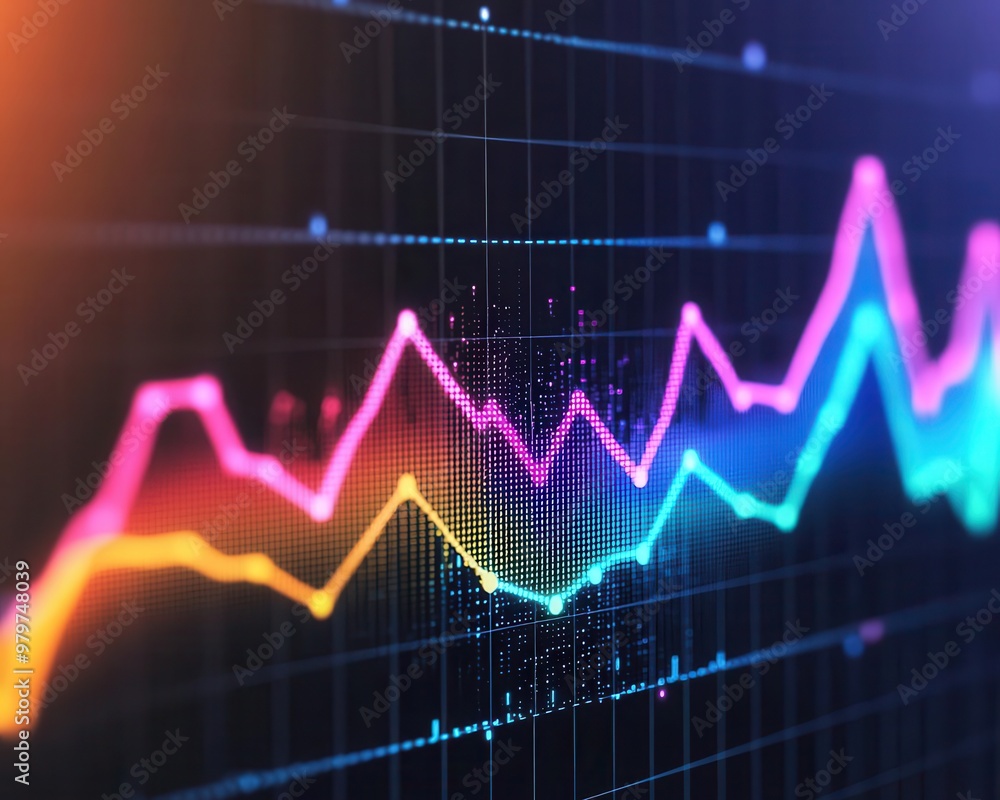 Growing market trends displayed on a dynamic line graph, vibrant colors for data insights Growing market trends displayed on a dynamic line graph, vibrant colors for data insights