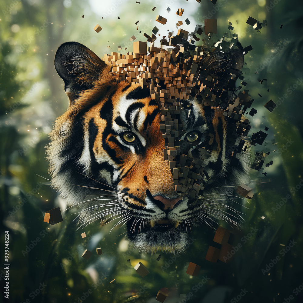 Obraz premium hyperrealistic picture of a tiger that looks normal at the front but falls apart in little cubes