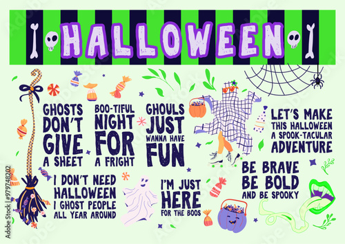 Halloween graphic elements and hilarious lettering text set - pumpkins, ghosts in the sheet, pumpkin, candies, leaves isolated. Hand drawn bundle. Vector illustration eps10.