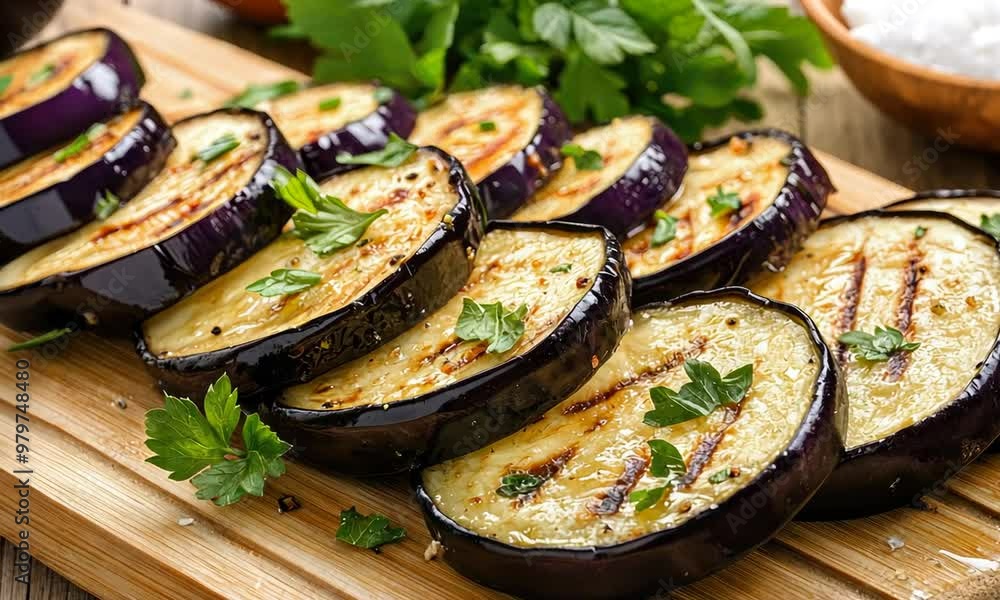 Sliced eggplant is grilled to perfection and garnished with fresh herbs, showcasing a vibrant dish ready to enjoy outdoors during a sunny day Sliced eggplant is grilled to perfection and garnished with fresh herbs, showcasing a vibrant dish ready to enjoy outdoors during a sunny day