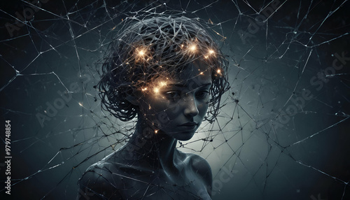 Abstract Concept of Cognitive Disorder – Visual Representation of Mental Fragmentation, Confusion, and Memory Loss in a Dark, Surreal Composition, Perfect for Mental Health and Psychology Themes photo