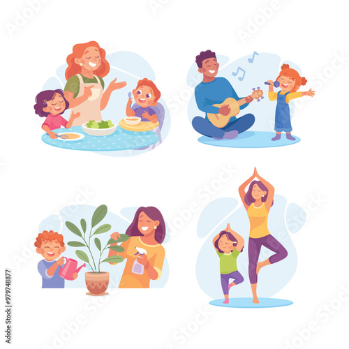 Homework with Parent and Kid Engaged in Home Activity Vector Set