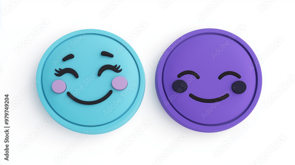 Fototapeta premium 3d stickers in the form of smiley faces with opposite emotions, one happy, the other sad, matte surface, high detail, round shapes, various colors