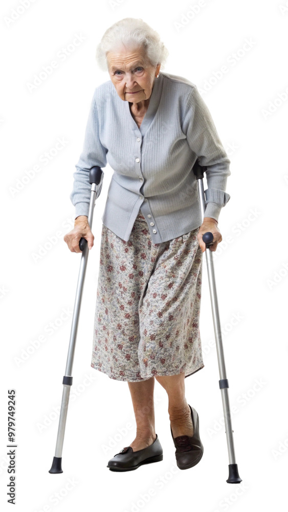 Elderly woman using crutches on a black background, symbol of mobility assistance and rehabilitation. Elderly woman using crutches on a black background, symbol of mobility assistance and rehabilitation.