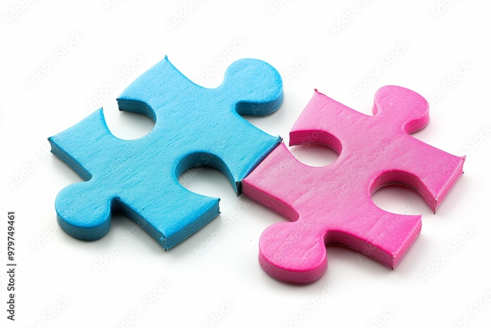 Fototapeta premium Two puzzle pieces, pink and blue, on a white background.