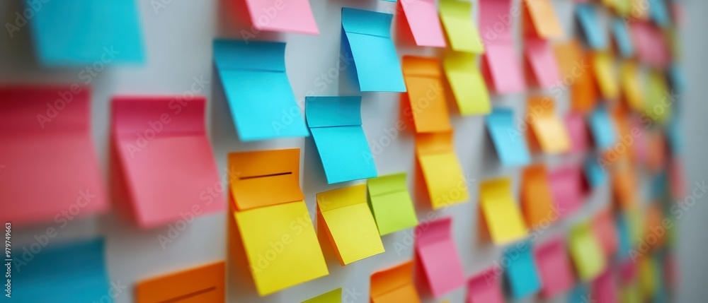 A colorful array of sticky notes in various shades, arranged on a wall, showcasing an organized and creative workspace A colorful array of sticky notes in various shades, arranged on a wall, showcasing an organized and creative workspace