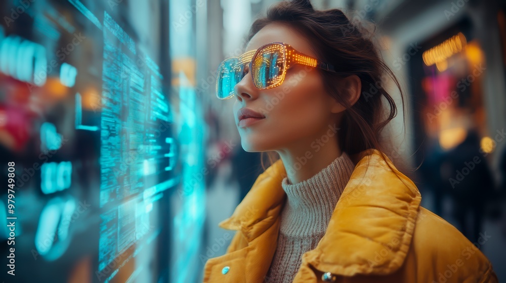 A woman in stylish yellow outerwear and futuristic glasses gazes thoughtfully at digital displays in an urban setting, embodying a modern, tech-savvy aesthetic A woman in stylish yellow outerwear and futuristic glasses gazes thoughtfully at digital displays in an urban setting, embodying a modern, tech-savvy aesthetic