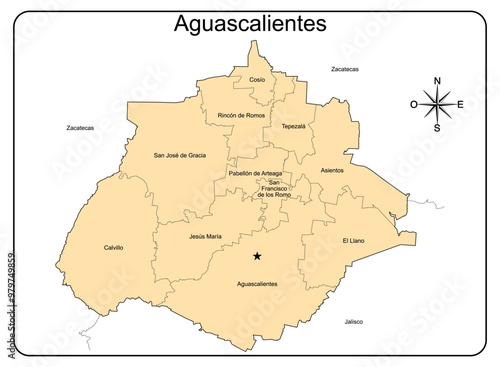 Educational map of the State of Aguascalientes in Mexico, with political division of the towns with names