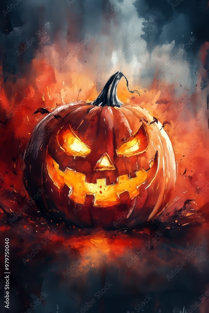 Fototapeta premium A glowing, menacing jack-o'-lantern surrounded by an ominous, fiery background, evoking the essence of Halloween and spooky festivities