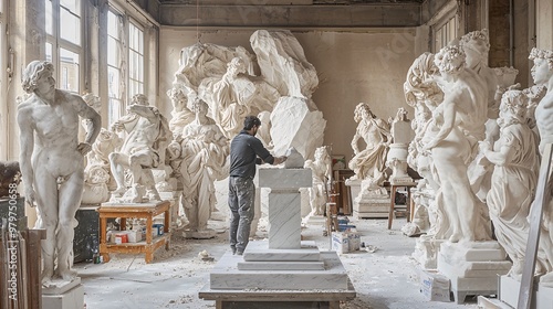 Artist Working on Marble Sculpture in a Studio Filled with Sculptures