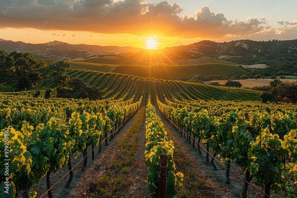 Fototapeta premium A beautiful vineyard with rows of grape vines
