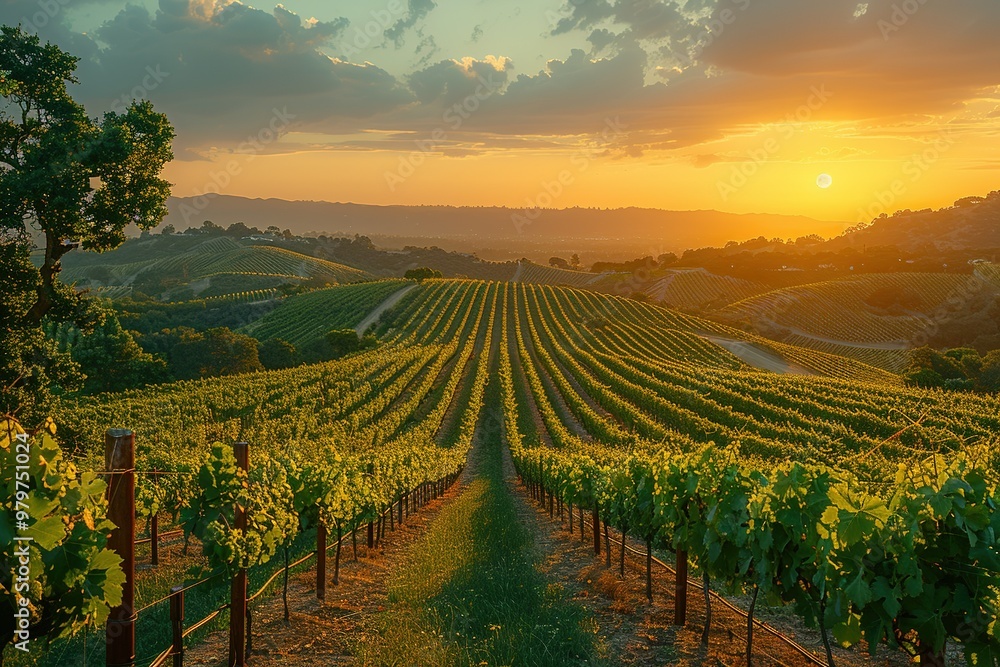 Fototapeta premium A beautiful vineyard with rows of grape vines and a sunset in the background