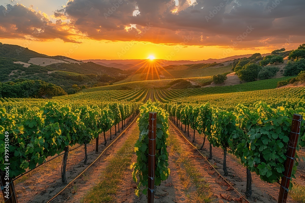 Fototapeta premium A beautiful sunset over a vineyard with a row of vines
