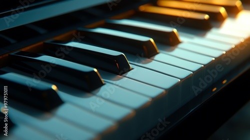 Wallpaper Mural A close-up view of piano keys illuminated by warm light, highlighting their glossy surfaces and intricate details Torontodigital.ca