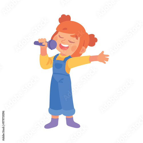 Little Girl Singing in Microphone on Stage Vector Illustration