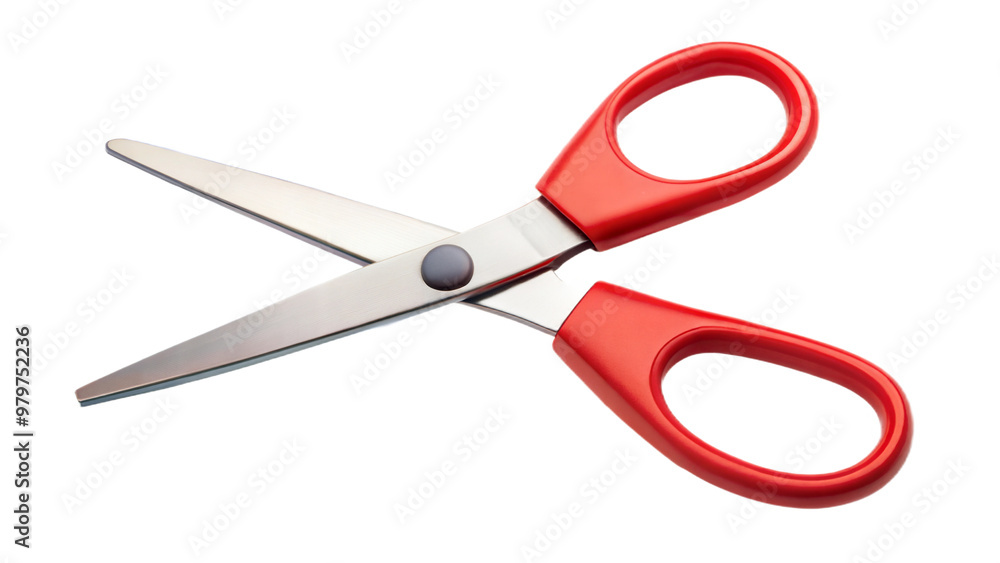 Red handled scissors on a black background, symbol of crafting and cutting tools.