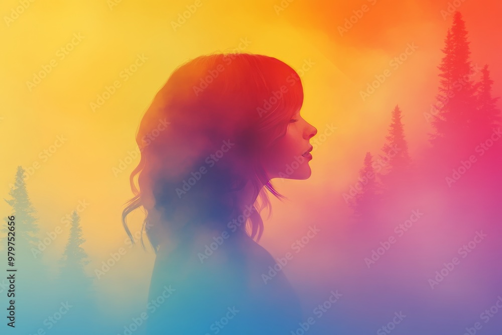 Colorful silhouette of a woman blending with vibrant trees in a misty landscape symbolizing personal growth nature and emotional transformation Colorful silhouette of a woman blending with vibrant trees in a misty landscape symbolizing personal growth nature and emotional transformation