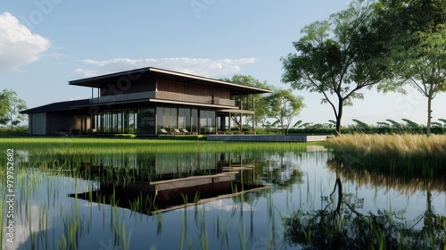 Modern House with Reflection on Water