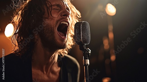 Passionate Male Singer Performing on Stage with Microphone