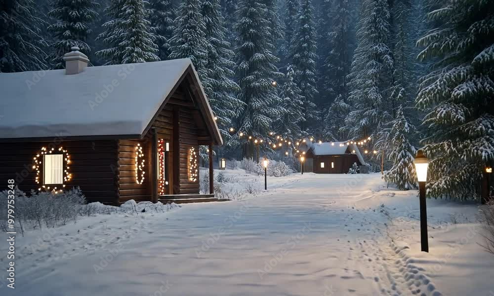 A serene winter landscape features a charming cabin adorned with lights, surrounded by tall pine trees in a snowy setting under a starry sky A serene winter landscape features a charming cabin adorned with lights, surrounded by tall pine trees in a snowy setting under a starry sky