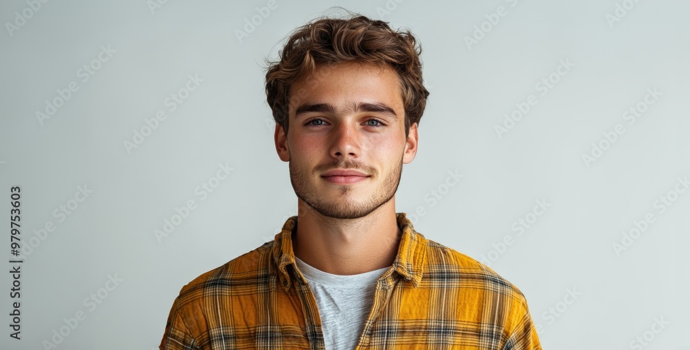 Portrait of a kind young Caucasian man wearing a yellow checkered shirt, isolated on a simple light background with copy space. portrait of a satisfied young man. Portrait of a kind young Caucasian man wearing a yellow checkered shirt, isolated on a simple light background with copy space. portrait of a satisfied young man.