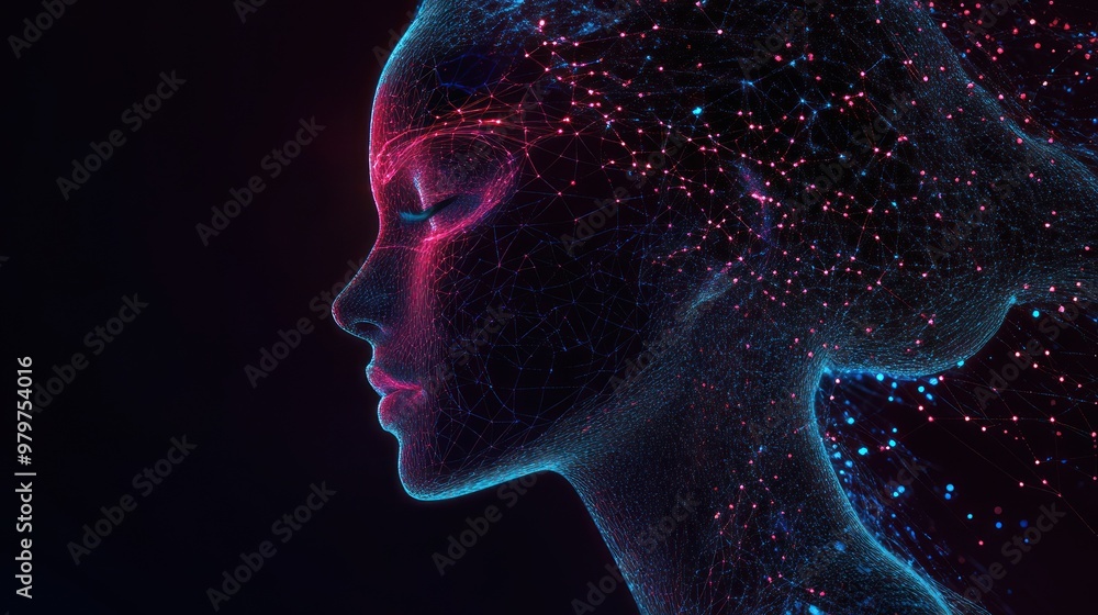 Profile of digital entity with interconnected neural patterns. Profile of digital entity with interconnected neural patterns.