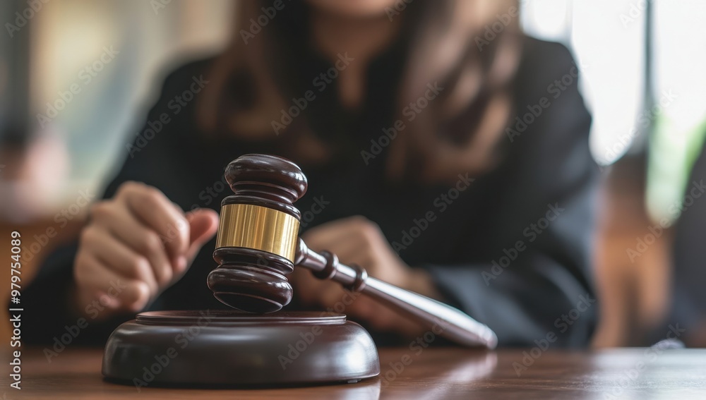A person sitting at the table, with their hand on top of a gavel in front of them, background blurred, focus on the judge's face and the wooden context of the blurred wooden desk Generative AI A person sitting at the table, with their hand on top of a gavel in front of them, background blurred, focus on the judge's face and the wooden context of the blurred wooden desk Generative AI