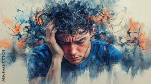 Person holding head surrounded by dark clouds and chaos