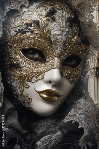 Intricate Venetian Mask with Gold and Lace Detail