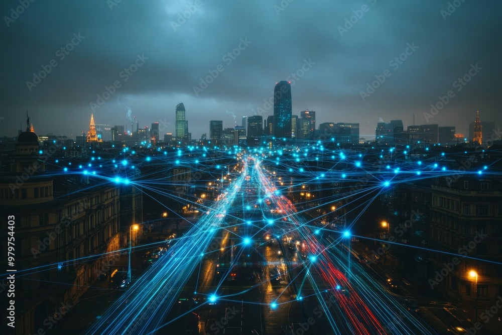 Fototapeta premium The Connected Skyline, Smart Cities and IoT Integration