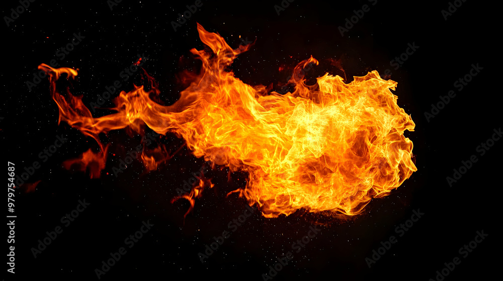 Obraz premium Fiery Orange and Yellow Flames Dancing Against a Black Background, Creating a Dynamic and Powerful Visual with Sparks and Flickering Lights
