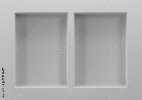 empty niches or shelf on white wall 3D mockup. Shop, gallery plastic or wooden showcase to present product. Blank retail storage space. Interior design furniture. Living room bookshelf