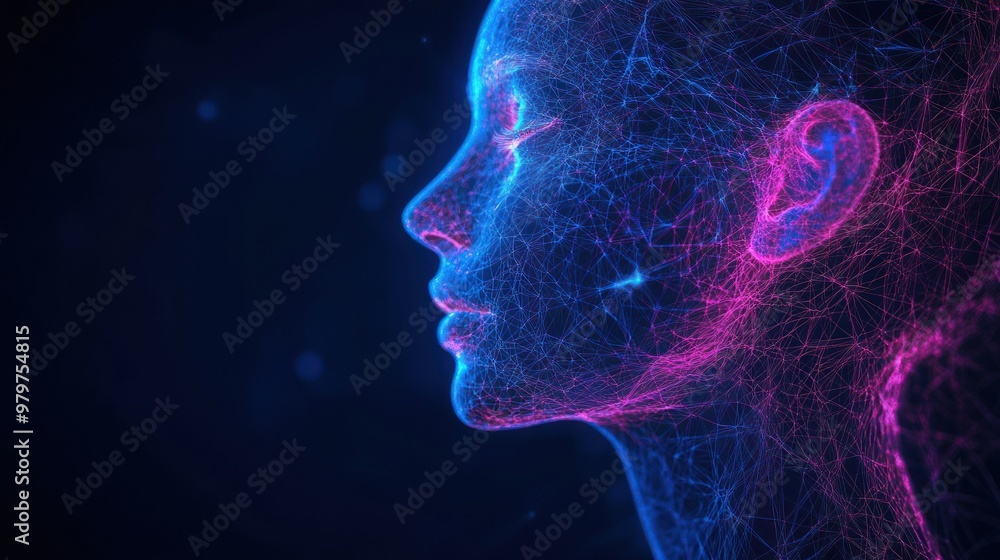 Profile of a figure with blue and pink digital lines Profile of a figure with blue and pink digital lines
