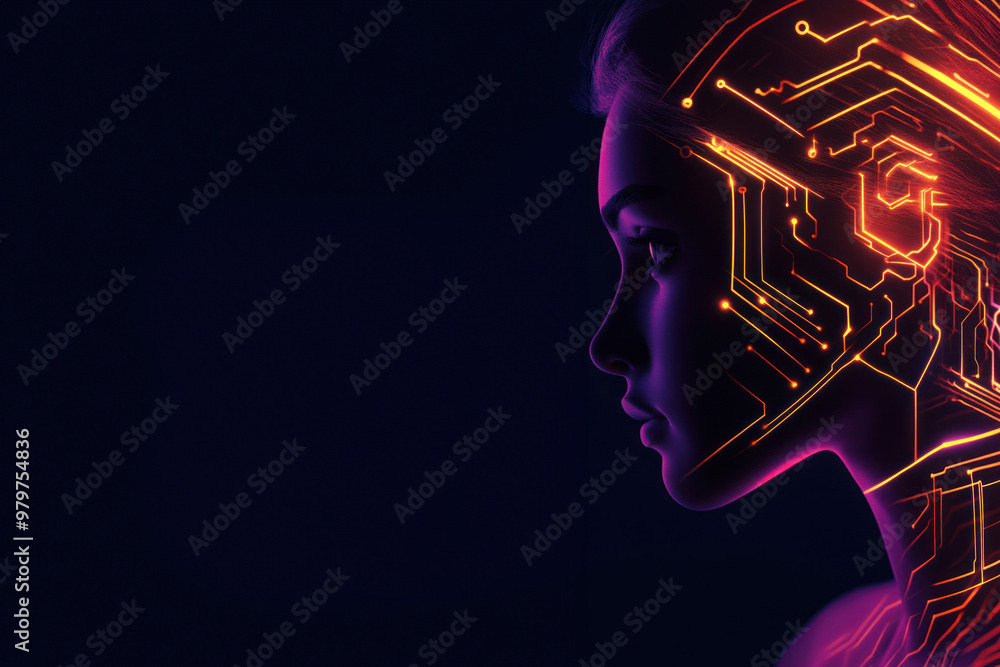 Profile with glowing circuitry and neon digital matrix Profile with glowing circuitry and neon digital matrix