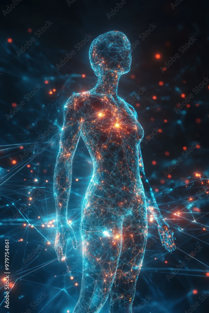 Technological human figure with a network of light nodes Technological human figure with a network of light nodes