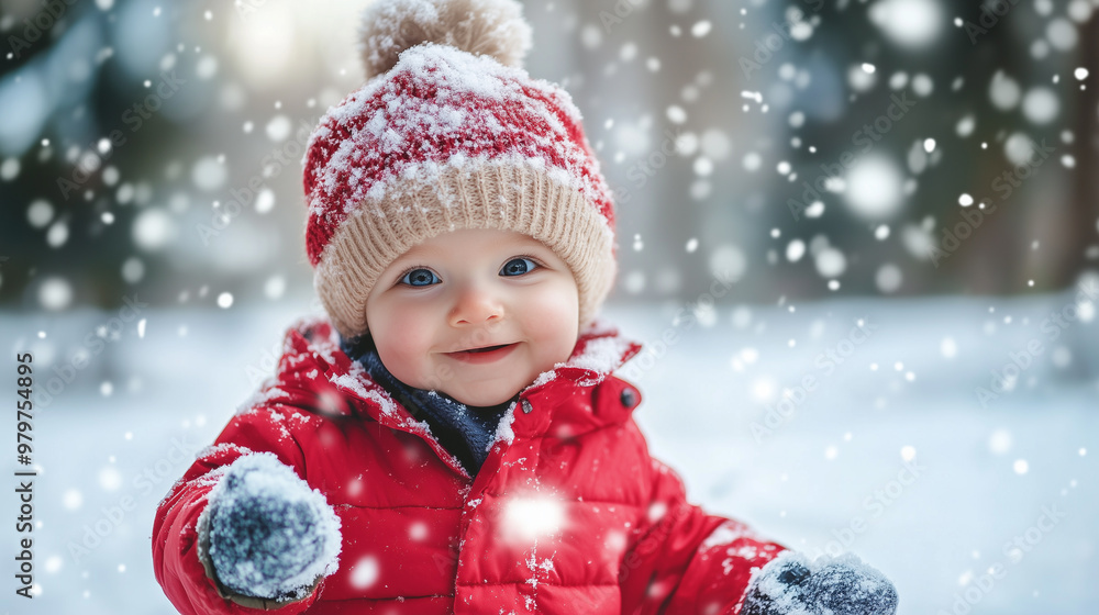 Adorable Baby Boy Playing with Snow in a Winter Park Outdoors Adorable Baby Boy Playing with Snow in a Winter Park Outdoors