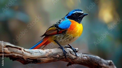 A vibrant bird poised with orange blue and yellow feathers on the sit branch