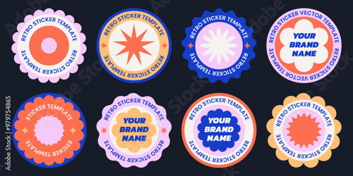 80s retro vector stickers tamplates. Groovy bright round branding stickers set
