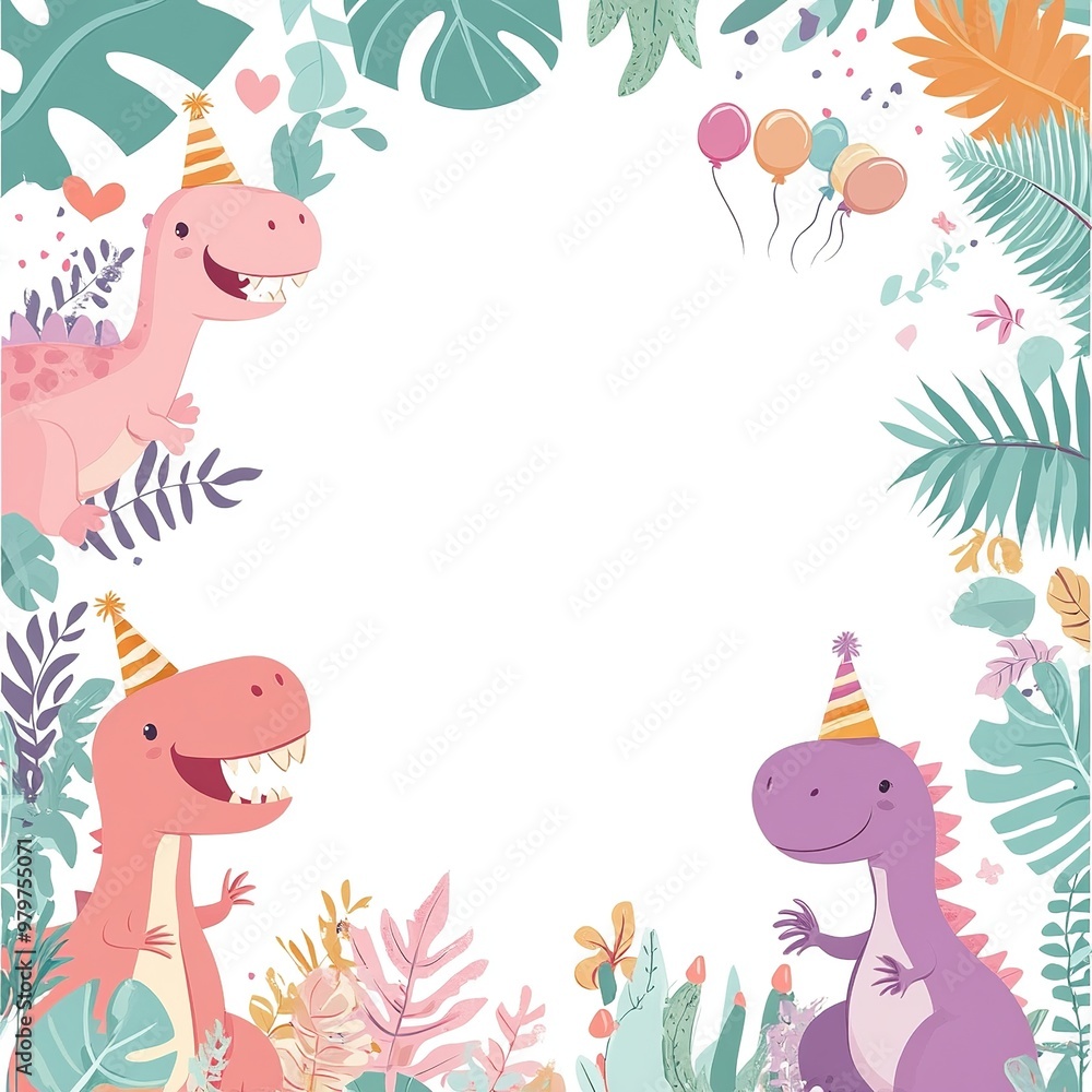 A playful dinosaur-themed background for invitations, featuring colorful dinosaurs, greenery, and a central blank area for text.
A playful dinosaur-themed background for invitations, featuring colorful dinosaurs, greenery, and a central blank area for text.