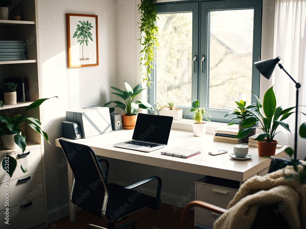 Cozy Home Office Setup
A clean, minimalist home office with a modern desk, a laptop, house plants, and natural light coming through the window. The space looks organized and inviting, perfect for prod Cozy Home Office Setup
A clean, minimalist home office with a modern desk, a laptop, house plants, and natural light coming through the window. The space looks organized and inviting, perfect for prod