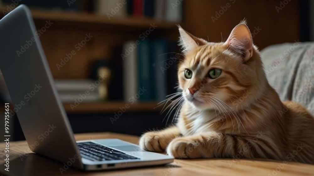 A cute cat is working on a laptop, illustrating a work-from-home or freelance scenario. A cute cat is working on a laptop, illustrating a work-from-home or freelance scenario.